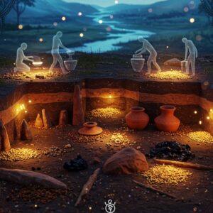 A mesmerizing archaeological scene depicting ancient Indian civilization at dusk, featuring detailed excavation layers revealing black and red pottery, microliths, and charred grains. In the foreground, intricately carved neolithic tools and terracotta artifacts emerge from rich soil layers, rendered in deep earth tones and burnished copper. The composition shows a stylized cross-section of the excavation site with multiple cultural periods represented in distinct layers, decorated with traditional Madhubani patterns in muted gold and rust. Floating above the scene, ethereal, translucent figures of ancient inhabitants performing daily activities - farming, pottery-making, and grain processing. The background features a dreamy landscape of the Belan Valley with the river flowing in luminescent blue, dotted with traces of ancient settlements. Soft, glowing orbs of light illuminate the artifacts, creating a mystical atmosphere. The entire scene is framed by ornate mandala patterns in deep maroon and peacock blue, with subtle sacred geometry elements. Hyperrealistic texturing on the artifacts, photorealistic soil layers, cinematic lighting, volumetric fog, octane render, 8k resolution