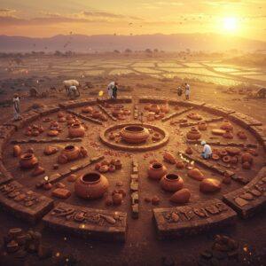 A stunning aerial view of an ancient Indian archaeological site at sunset, featuring excavated terracotta artifacts and pottery in rich earth tones (deep browns, terracotta reds) arranged in a circular mandala-like pattern. The central focus shows intricate black and red ware pottery pieces with characteristic Neolithic designs. Traditional Indian archaeologists in modern clothing carefully examining artifacts, surrounded by traditional Madhubani-style decorative borders featuring rice motifs and agricultural symbols. The scene is illuminated by warm, golden sunlight casting long shadows, with subtle digital particles floating in the air. The background showcases the Vindhya mountain range in a dreamy, ethereal style with soft purple and orange hues. Small vignettes of ancient life float in the corners - farmers tending to rice fields, early pottery making, and primitive tools, all rendered in a blend of traditional Pattachitra and modern digital art style. The overall composition should have a mystical, time-traveling feel with a color palette of deep maroons, burnished golds, and earth tones, enhanced by subtle glowing effects.
