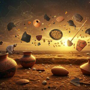 A meticulously detailed archaeological excavation scene at sunset, featuring Indian archaeologists carefully unearthing Neolithic artifacts in rich ochre soil. In the foreground, perfectly preserved black and red pottery pieces with intricate geometric patterns characteristic of Koldihwa culture. The scene transitions into a dreamlike visualization showing rice grains and agricultural tools floating in a mystical array, symbolizing one of the earliest evidence of rice cultivation. The background showcases a stylized map of Uttar Pradesh with Koldihwa highlighted by a soft golden glow. Ethereal mandala patterns in deep maroon and peacock blue interweave through the scene, merging traditional Madhubani art elements with modern digital aesthetics. Ancient tools, carbonized rice grains, and pottery shards appear to be emerging from swirling golden light, while subtle lotus motifs frame the corners. The lighting is warm and mystical, with rays of sunlight creating a ethereal atmosphere. The color palette includes deep earth tones, burnished gold, terracotta, and subtle turquoise accents, photorealistic style with magical realism elements.
