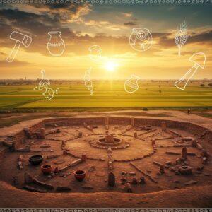 A stunning aerial view of an ancient Indian archaeological site at sunset, featuring meticulously detailed excavation layers rendered in rich earth tones (terracotta, amber, and deep browns). In the foreground, beautifully preserved Neolithic artifacts including black and red pottery, microliths, and early agricultural tools arranged in a circular pattern. The scene is illuminated by warm, golden sunlight casting long shadows across the excavation site. Ancient rice fields stretch into the distance, painted in vibrant greens and golds. Floating ethereally above the scene are translucent, glowing symbols of early civilization - hand axes, pottery wheels, and early grains, rendered in a luminescent style. The sky features a dramatic gradient from deep saffron to peacock blue, with wispy clouds forming subtle Madhubani patterns. The entire composition is framed by intricate Pattachitra-style decorative borders featuring motifs of ancient tools and grains. Photorealistic details in the artifacts, dreamy atmospheric lighting, cinematic composition, 8k resolution.