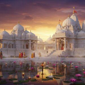 A majestic white marble temple complex glowing in warm golden sunset light, featuring intricate North Indian architectural details with carved spires and domes against a dramatic purple-orange sky. The temple's reflection shimmers in a serene lotus pond in the foreground, surrounded by blooming pink and white lotus flowers. Ethereal rays of light filter through ornate archways, creating a divine atmosphere. Detailed Rajasthani-style stone lattice work (jaali) casts intricate shadows on marble floors. Modern Indian devotees in contemporary clothing walking reverently through the temple grounds. The scene includes subtle elements of Bengali culture with traditional clay oil lamps and garlands of marigold flowers. Atmospheric mist adds depth and mystery. The architectural style combines modern art deco elements with traditional Hindu temple architecture. Soft focus bokeh effects in foreground. Highly detailed digital art, cinematic lighting, photorealistic rendering, architectural photography style, ultra HD quality.