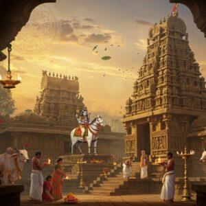 Ancient stone temple with intricate Kakatiya-style architecture rising majestically against a mystical dawn sky, Lord Mallanna (Shiva) as the central deity dressed in traditional white dhoti with sacred thread, riding his iconic white horse. The temple features detailed stone carvings of celestial dancers and mythological scenes on its pillars. Devotees in traditional Telugu attire offering prayers with camphor flames and flowers. The foreground shows sacred bulls and handcrafted brass bells. The scene is illuminated by golden sunrays filtering through morning mist, creating a divine atmosphere. Mandala patterns and lotus motifs float ethereally in the air. The color palette includes deep ochres, sacred saffron, stone greys, and celestial blues. The art style combines hyperrealistic architectural details with ethereal spiritual elements, rendered in the manner of modern digital fantasy art while maintaining traditional Indian artistic sensibilities. Soft glowing orbs of light and floating flower petals add a magical quality to the scene.