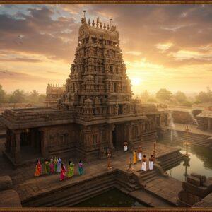 A majestic aerial view of Komrelly Mallanna Temple at sunrise, with golden sunlight casting long shadows across the ancient stone architecture. The temple's distinctive Kakatiya-style architecture stands prominently, with intricate carvings and sculptures visible on its walls. In the foreground, a group of devotees in traditional Telugu attire (men in white pancha kattu and women in colorful silk sarees) walking through the temple courtyard. The temple pond reflects the morning sky in brilliant orange and pink hues. Mystical streams of light filter through morning mist, creating a divine atmosphere. Sacred bells and traditional deepams adorning the entrance, with delicate smoke trails from camphor and incense rising upward. The surrounding landscape shows the characteristic rocky terrain of Telangana with scattered boulders and native trees. Art style combines hyperrealistic digital rendering with traditional Indian Kalamkari patterns in the sky and borders, emphasizing rich earthy tones of rust-red, deep gold, and terra cotta. The scene captures both the architectural grandeur and spiritual essence of the temple.
