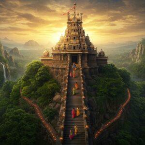 A majestic aerial view of Kondagattu Anjaneya Swamy temple perched atop a verdant hill, with ancient stone steps winding through lush greenery. The temple's traditional Dravidian architecture features intricate golden spires catching the warm sunset light. In the foreground, a group of pilgrims in colorful traditional Telugu attire ascend the steps. The landscape showcases dense forests, dramatic rock formations, and scattered waterfalls characteristic of Telangana. Sacred monkeys inhabit the temple premises, paying homage to Hanuman. The scene is rendered in a blend of Pattachitra and modern digital art style, with rich earth tones, deep maroons, and forest greens. Ethereal golden light filters through clouds, creating a mystical atmosphere. The composition includes delicate mandala patterns in the sky, while traditional rangoli designs adorn the temple pathway. Soft glowing diyas line the steps, their warm light reflecting off the ancient stone walls. The scene captures both the spiritual significance and natural beauty of the region, with hyper-realistic details in the architecture and landscape.