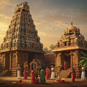 A majestic South Indian temple with towering gopuram adorned with intricate Dravidian architecture, painted in vibrant gold, saffron, and deep blue colors. The gopuram features detailed sculptures of deities and mythological figures. In the foreground, a beautifully lit temple courtyard with traditional brass oil lamps casting a warm, ethereal glow. A group of devotees in traditional South Indian attire (women in silk sarees, men in white dhotis) performing pradakshina around the sanctum. The scene includes traditional elements like a large stone Nandi statue, banana trees with fresh leaves, and garland makers weaving jasmine and marigold flowers. The lighting is mystical with sun rays filtering through incense smoke, creating a divine atmosphere. The art style combines traditional Tanjore painting elements with modern digital art techniques, featuring rich gold accents and jewel tones. The overall composition should convey both spiritual grandeur and welcoming accessibility, with a dreamy, ethereal quality enhanced by soft glowing lights and subtle mandala patterns in the sky.