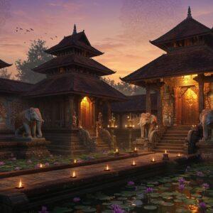 A majestic ancient Kerala temple complex at sunrise, featuring traditional Kerala architectural style with multi-tiered copper-plated roof (kodimaram), intricate wooden carvings, and stone foundations. The temple's main sanctum is illuminated by golden divine light from within. The foreground showcases a large sacred pond with blooming lotus flowers and stone steps (ghats). Ornate elephant sculptures guard the entrance, decorated with traditional patterns. The scene includes detailed Malayali-style mural paintings on the walls depicting scenes from Mahabharata. Warm morning light casts long shadows across the courtyard, highlighting the temple's distinctive architectural elements. The sky features mystical purple and orange hues with subtle mandala patterns. Traditional brass temple lamps (nilavilakku) line the pathway, their flames creating a serene atmosphere. Art style combines hyperrealistic architectural details with ethereal lighting and traditional Kerala temple art influences, rendered in rich colors of deep maroon, gold, and forest green. The scene captures both the spiritual and architectural grandeur of the temple.
