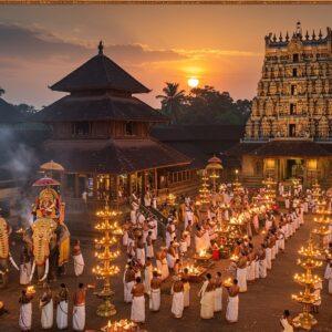 A majestic aerial view of Koodalmanikyam Temple during dusk, illuminated by hundreds of traditional brass oil lamps and modern spotlights. The temple's unique Kerala architectural style with copper-plated roof and intricate wooden carvings stands prominently. In the foreground, a grand procession featuring decorated elephants adorned with golden nettipattam and colorful umbrellas moves through temple courtyard. Devotees in traditional Kerala attire (men in white mundu, women in cream kasavu sarees) hold brass deepams. The scene includes traditional Panchavadyam performers with their instruments. The sky features a mystical combination of deep orange sunset and rising full moon, casting a divine glow. Smoke from ritual fires and incense creates an ethereal atmosphere. The scene incorporates Madhubani-style decorative patterns in the borders, while maintaining photorealistic central elements. The lighting emphasizes golden and warm tones, with hints of peacock blue in the sky. Intricate mandala patterns appear as subtle overlays in the corners, featuring traditional Kerala motifs and symbols of Bharata (as Lord Sangameswara).