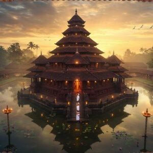 A majestic aerial view of Koodalmanikyam Temple during sunrise, with golden rays illuminating its traditional Kerala architectural style featuring steep sloped roofs with copper sheeting and intricate wooden carvings. The main sanctum housing Lord Bharata (Sangameshwara) glows with a divine aura, rendered in deep maroon and gold hues. The temple pond reflects the structure perfectly, with lotus flowers floating on its surface. The foreground showcases devotees in traditional Kerala attire (white mundu and kasavu sarees) climbing the temple steps. Ethereal light streams through morning mist, creating a mystical atmosphere. The scene incorporates Madhubani-style decorative elements in the borders with elephant motifs and traditional Kerala mural art patterns. The lighting is warm and golden, with soft peacock blue accents in the sky. The temple's distinctive two-tiered circular structure is highlighted with intricate details of its architectural elements, including the traditional Kerala-style lamp posts (vilakkumadam) illuminated with oil lamps. Hyperrealistic digital art style with mystical elements, emphasizing the temple's spiritual significance.