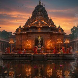 A majestic ancient Shiva temple with traditional Maratha architecture, featuring intricate stone carvings and a towering shikhara against a mystical twilight sky. The temple's reflection shimpers in sacred waters, surrounded by ornate stone steps (deepstambha). Lord Shiva's idol is visible through the sanctum entrance, illuminated by dozens of brass oil lamps creating a warm golden glow. Detailed Madhubani-style patterns adorn the temple walls, depicting scenes from Shiva Purana. In the foreground, devotees in traditional Maharashtrian attire perform puja with flowers and diyas. The atmosphere is enhanced by swirling incense smoke creating ethereal patterns, while floating lotus flowers and marigold petals add splashes of color. The scene combines hyperrealistic architectural details with a dreamy, spiritual quality. The color palette features deep maroons, burnt orange, gold, and peaceful blues, with soft glowing highlights. The composition emphasizes both the temple's grandeur and its spiritual significance.