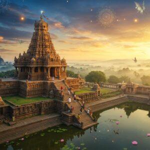 A majestic aerial view of Kotappakonda hill temple at sunrise, with golden sunlight illuminating the ancient stone steps leading to the temple summit. The temple architecture features intricate Dravidian-style carved pillars and towers in rich maroon and saffron hues. In the foreground, a serene lake reflects the temple's image, surrounded by lush green landscapes and scattered smaller shrines. Traditional Indian pilgrims in colorful attire climb the steps. The scene incorporates mystical elements with soft, glowing mandalas floating in the sky, and ethereal light rays piercing through morning mist. The surrounding area shows glimpses of nearby attractions - the outline of Amaravathi stupa, Undavalli caves, and the Krishna River in the distance. The art style combines traditional Pattachitra patterns in the sky with modern digital rendering, using a palette of deep blues, golden yellows, and earthy browns. Ethereal butterflies and birds add movement to the scene, while delicate lotus flowers float in the lake. The overall composition creates a sense of spiritual grandeur and natural beauty, with photorealistic details enhanced by magical lighting effects.