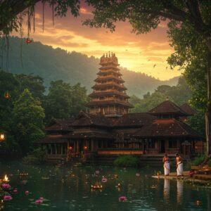 A majestic ancient Kerala temple complex nestled deep in dense emerald forest, with traditional Kerala architecture featuring sloped copper-tiled roofs and intricate wooden carvings. The temple glows with warm golden light during sunset, surrounded by mist-covered Western Ghats mountains. In the foreground, a pristine river flows with crystal clear waters, decorated with floating lotus flowers and oil lamps. Two devotees in traditional Kerala attire (white mundu and golden border) perform evening rituals near the riverbank. The scene includes traditional brass temple lamps (nilavilakku) emitting a soft, ethereal glow. The atmosphere combines Madhubani-style decorative patterns in the sky with modern digital art techniques, featuring rich colors of deep maroon, forest green, and burnished gold. Sacred banyan trees with hanging roots frame the temple, adorned with red and gold cloth. Mystical rays of light filter through morning fog, creating a divine atmosphere. The overall composition should be photorealistic with subtle fantasy elements, emphasizing the temple's spiritual significance.