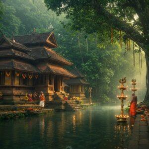 A mystical ancient temple complex nestled deep in the Western Ghats, surrounded by lush emerald forests and misty mountains. The main shrine, built in traditional Kerala architectural style with sloped copper-tiled roofs and intricate wooden carvings, sits beside the sacred Bavali River. In the foreground, stone steps descend to the crystal-clear river where traditional brass oil lamps illuminate the ghats. The scene is captured during the golden hour, with soft sunlight filtering through morning mist, creating an ethereal atmosphere. Vibrant marigold garlands and red silk offerings add pops of color. Two devotees in traditional Kerala attire perform rituals near the riverbank. The composition includes ancient banyan trees with hanging roots, traditional Kerala-style traditional oil lamps (nilavilakku), and endemic forest flowers. The overall scene has a photorealistic quality with elements of magical realism, rendered in rich, deep colors of forest green, copper brown, and golden yellow, with hints of crimson and saffron. Artistic style combines traditional Keralan mural art techniques with modern digital painting, emphasizing the spiritual and serene atmosphere.
