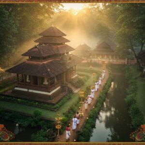 A majestic aerial view of Kottiyoor Temple complex nestled in lush green Western Ghats, with morning mist swirling around its traditional Kerala-style architecture, featuring typical curved copper-tiled roofs and ornate wooden carvings. The sacred Bavali River flows serenely around the temple, creating a natural pradakshina path. In the foreground, devotees in traditional Kerala attire (men in white mundus, women in cream and gold kasavu sarees) are walking towards the temple. The scene is illuminated by golden sunrise rays filtering through tall trees, creating a mystical atmosphere. Traditional brass temple lamps (nilavilakku) line the pathway, their flames glowing softly. Intricate Madhubani-style patterns frame the scene, incorporating elements of Kerala temple art with peacock motifs and lotus designs. The color palette focuses on deep forest greens, rich earth tones, golden sunlight, and the warm copper of the temple roof. The style combines photorealistic architecture with ethereal lighting and traditional Indian art elements, creating a serene, spiritual atmosphere. A few traditional Kerala-style wooden cottages are visible in the background, suggesting accommodation facilities.