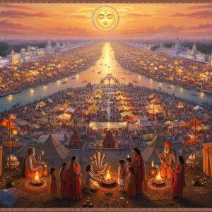 A grand aerial view of the Kumbh Mela at dawn, showing thousands of devotees converging at the sacred sangam in Prayagraj, rendered in vibrant Madhubani-inspired art style. The holy rivers Ganga, Yamuna, and Saraswati meet in swirling patterns of deep blue, emerald, and golden hues. Illuminated tents stretch endlessly across the riverbank in intricate geometric patterns, glowing with warm light. In the foreground, a modern Indian family (parents and two children) in contemporary clothing with traditional elements stands near their organized campsite, surrounded by floating diyas and marigold garlands. The sky features a large, ethereal mandala sun in pastel orange and gold, casting divine rays through mystical clouds. Naga sadhus with ash-covered bodies and dreadlocks perform rituals near sacred fires, while modern amenities like solar-powered charging stations and medical tents blend seamlessly into the spiritual landscape. The entire scene is detailed with ornate Pattachitra-style borders featuring lotus motifs and spiritual symbols. Hyperrealistic digital art style with dramatic lighting and atmospheric perspective showing both the spiritual grandeur and modern organization of the festival.