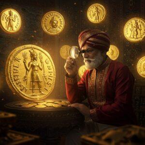 A majestic Indian numismatist in traditional gold-bordered maroon dhoti and kurta, illuminated by soft ethereal light, carefully examining an intricately detailed Kushan gold dinar through a jeweler's loupe. The coin prominently features King Kanishka standing in traditional Kushan attire with flames emanating from his shoulders. The scene is set in a mystical ancient treasury with floating, glowing coins forming a mandala pattern in the background. Rich Persian-style tapestries in deep peacock blue and saffron adorn the walls. Ancient trading route maps rendered in Madhubani style float ethereally. Multiple ancient Kushan coins displaying various deities like Oesho (Shiva), Buddha, and Helios radiate golden light, suspended in mid-air. The lighting is warm and mysterious, with hints of gold dust particles dancing in the air. The scene combines photorealistic coin details with surreal, spiritual elements, featuring intricate Persian and Indian patterns. The overall composition follows sacred geometry, with the coins forming a subtle Sri Yantra pattern in the background.