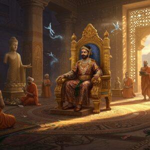 A majestic scene depicting a grand Kushan royal court, featuring a regal Indian ruler seated on an ornate golden throne adorned with Buddhist and Greek motifs. The ruler wears luxurious silk robes with intricate Greco-Persian patterns, heavy gold jewelry, and the distinctive Kushan tall cap. Around him, detailed marble pillars showcase relief sculptures combining Buddhist figures with Hellenistic artistic techniques. The foreground displays master artisans crafting spectacular Gandharan Buddha statues with Greek-influenced facial features and flowing robes. The background reveals a rich tapestry of cultural fusion: merchants in Persian attire trading along the Silk Road, Buddhist monks in saffron robes studying manuscripts, and Hindu priests performing rituals. The scene is illuminated by warm, golden light filtering through ornate latticed windows, creating dramatic shadows on the intricate floor patterns that blend Greek meanders with Indian mandala designs. The color palette features rich jewel tones - deep lapis lazuli blues, royal purples, and burnished golds, all rendered in a style merging traditional Madhubani patterns with contemporary digital art techniques. The atmosphere captures both the grandeur of the empire and its role as a melting pot of ancient civilizations, with floating ethereal elements suggesting cultural transmission and spiritual enlightenment.