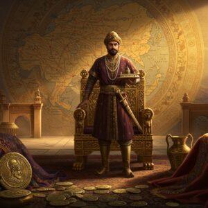 A majestic scene depicting a Kushan emperor, likely Kanishka I, wearing traditional Kushan royal attire including a long caftan, tall boots, and the distinctive peaked cap adorned with golden embellishments and precious stones. He stands proudly on an ornate golden throne, holding a ceremonial sword in his right hand and a Buddhist reliquary in his left, symbolizing the empire's religious plurality. Behind him, a massive intricate mandala-style map shows the extent of the Kushan Empire, with trade routes depicted as golden threads connecting Central Asia to India. The scene is flanked by detailed Gandharan-style architecture with greco-buddhist motifs. The foreground features ancient Kushan coins scattered on rich silk fabrics, their details rendered in stunning clarity showing the faces of various Kushan rulers. The lighting is dramatic with warm golden hues reminiscent of sunset, casting long shadows across the marble floor. Artistic style combines hyperrealistic details with ethereal Indian traditional art elements, featuring rich colors like deep burgundy, royal blue, and burnished gold. The scene includes subtle Buddhist and Hindu iconography in the architectural details, while maintaining historical accuracy in depicting Kushan-era clothing and artifacts.