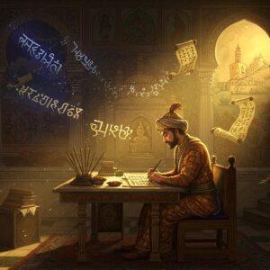 A majestic Kushan era royal court scene featuring an ornately dressed Indian scholar seated at a grand marble desk, illuminated by golden light streaming through ornate arch windows. The scholar is wearing rich silk robes with Greco-Buddhist patterns, writing on palm leaves using multiple writing implements. Around him, floating in a dreamlike arrangement, are ethereal manifestations of different scripts - Brahmi, Greek, and Bactrian characters shimmer in metallic gold and deep indigo. The background features a detailed wall with intricate Kushan-era murals showing trade caravans and Buddhist monasteries in Madhubani art style. Symbolic elements include a peacock-adorned throne, Buddhist stupas, Greek columns merged with Indian architecture, and floating scrolls with visible but indistinct script patterns. The color palette consists of rich royal blues, deep maroons, burnished gold, and ivory. The scene is rendered in a fusion of traditional Indian miniature painting style with modern digital art techniques, featuring detailed patterns, gem-like colors, and a subtle ethereal glow throughout. Multiple oil lamps cast warm ambient lighting, creating dramatic shadows that emphasize the scholarly atmosphere.
