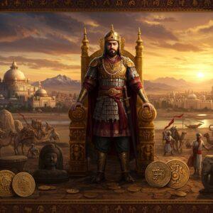 A majestic Indian warrior king in ornate Kushan-style armor stands atop a golden throne, wearing the distinctive peaked crown of Kanishka, against a backdrop of a sprawling ancient city with Buddhist stupas and Greco-Roman architecture. His royal attire combines Central Asian and Indian elements, with rich burgundy and gold silk robes. The scene is illuminated by a dramatic sunset casting deep oranges and purples across the sky. In the foreground, intricate Gandharan-style Buddhist sculptures and gold coins bearing Kushan inscriptions are scattered. The middle ground shows trade caravans with silk-laden camels and merchants from various cultures - Greeks, Indians, and Central Asians. Detailed Madhubani-style patterns frame the scene, featuring motifs of horses, elephants, and Buddhist symbols. The lighting is dramatic with golden hour warmth, creating long shadows. The art style combines photorealistic details with ethereal, spiritual elements. The scene includes subtle references to the empire's vast territory, with snow-capped Hindu Kush mountains in the distance and the flowing Ganges river in the foreground. The overall mood is regal and mysterious, with a touch of melancholy suggesting the empire's eventual decline.