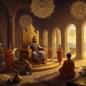 A grand panoramic view of a majestic Kushan royal court, featuring Emperor Kanishka seated on an ornate golden throne with Buddhist and Greek architectural elements. The emperor wears traditional Kushan royal attire - a long kaftan with intricate golden embroidery, riding boots, and the distinctive tall tapering crown. Around him, multiple tiers showcase the social hierarchy - noble warriors in Indo-Scythian armor, Buddhist monks in saffron robes, Greek scholars with scrolls, and merchants in silk robes conducting trade. The scene is set in a vast hall with soaring pillars featuring Gandhara-style art, blending Greek and Indian motifs. Intricate mandalas float ethereally in the background, casting a divine golden glow. The foreground shows artisans crafting gold coins with Kushan inscriptions, while trading caravans with exotic goods can be seen through massive arched windows. The color palette focuses on rich royal purples, deep maroons, burnished gold, and peaceful sage greens. The art style merges historical accuracy with magical realism, creating a dreamlike yet authentic atmosphere. The lighting emphasizes the golden hour, with rays streaming through the windows highlighting the multicultural grandeur of the empire.
