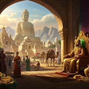 A majestic scene depicting a grand Kushan royal court, centered on an ornate golden throne where a Kushan emperor sits wearing traditional Indo-Scythian attire with flowing robes and distinct pointed cap, adorned with precious gems. The scene showcases a bustling marketplace along the Silk Road, with merchants from different civilizations - Chinese silk traders, Roman merchants, Indian spice sellers, and Persian traders, all in their distinct period-accurate clothing. In the background, a massive carved Buddha statue in Greco-Buddhist style stands tall, while Hindu and Zoroastrian temples blend seamlessly into the landscape. The foreground features intricate details of gold Kushan coins, precious jewels, and silk textiles. The art style combines traditional Madhubani patterns in the borders with rich, deep colors - royal purple, gold, deep red, and turquoise. Soft ethereal light streams through ornate archways, creating a dreamy atmosphere. The scene includes classical Kushan architectural elements with distinct Greek influences, and caravans of Bactrian camels loaded with trade goods. The overall composition suggests grandeur, cultural fusion, and prosperity, rendered in a style that merges historical accuracy with modern digital art techniques, ultra-detailed, cinematic lighting, 8k resolution.