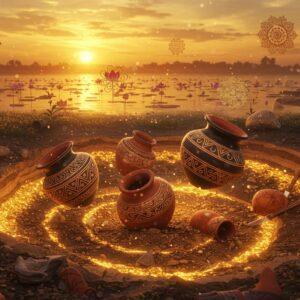 A mystical archaeological excavation site at sunset, featuring ancient Indian pottery vessels in rich terracotta and earthen tones emerging from golden-lit soil. In the foreground, intricately painted black-and-red pottery pieces with traditional geometric patterns float ethereally, surrounded by a soft, luminescent glow. The background showcases a stylized interpretation of the Lahuradewa lake with lotus flowers, rendered in Madhubani art style using deep peacock blues and saffron hues. Floating mandalas and sacred geometry patterns in metallic gold interweave through the scene. Archaeological tools decorated with traditional Indian motifs lie scattered artistically. The scene is overlaid with translucent layers showing stratigraphic sections in warm earth tones. Ethereal light particles dance around the artifacts, creating a magical atmosphere. The overall composition follows a spiral pattern, with the pottery as the focal point. Style combines hyperrealistic archaeological details with surreal Indian artistic elements, rendered in high-quality digital art with dramatic lighting and atmospheric depth.