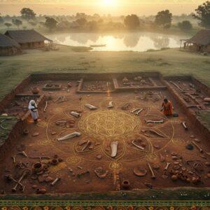 A mystical aerial view of an ancient Indian settlement at dawn, showing intricate Neolithic excavation layers in rich earthy tones (terracotta, ochre, deep brown). Traditional Indian archaeologists in ethnic wear delicately brushing artifacts. Prominent discoveries - ancient rice grains, pottery shards, and bone tools arranged in a mandala pattern, glowing with a subtle golden aura. In the background, a reconstructed Neolithic village with thatched mud houses near a serene lake, surrounded by lush vegetation. Ethereal morning mist adding depth and mystery. Ancient pottery wheels and primitive tools scattered authentically. Soft beams of sunrise creating dramatic lighting on the excavation site. Art style combining realistic archaeological details with Madhubani-inspired decorative borders and patterns. The scene features detailed texturing of soil layers and artifacts, with a color palette of deep browns, burnt orange, and gold accents. A luminous overlay of sacred geometry patterns subtly connecting the ancient and modern elements. Cinematic composition with atmospheric depth, 8k quality, photorealistic rendering.