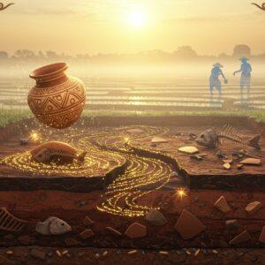A serene archaeological excavation site at sunrise, featuring ancient Indian artifacts emerging from rich soil layers. In the foreground, intricately painted Neolithic pottery with ochre designs floats ethereally, surrounded by golden sparkles. A mystical rice grain pattern in metallic copper swirls through the composition, while delicate lotus motifs in Madhubani style frame the corners. The scene shows a stylized cross-section of earth layers revealing fish bones, pottery shards, and ancient tools in deep earthy tones of terracotta, brown, and rust. A translucent, ghostly image of ancient farmers tending to rice paddies appears in the background, rendered in soft blue-white hues. The entire scene is illuminated by a warm, golden light with subtle spiritual undertones. Digital art style merging photorealism with traditional Indian art patterns, featuring a color palette of deep browns, terracotta, gold, and peaceful blues. Atmospheric depth with gentle mist adds mystery and age to the scene.