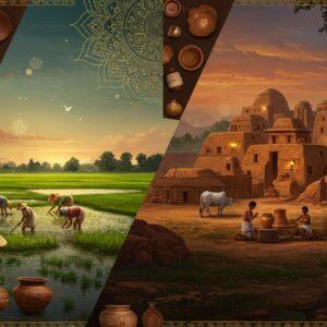 A majestic split-screen composition showcasing two ancient settlements, divided by an ornate golden mandala pattern. On the left, Lahuradewa's wetland civilization with rice fields in emerald green, traditional pottery, and bone tools in earthen colors. Ancient Indian farmers in simple cotton clothing cultivating rice, surrounded by lakes and marshes. On the right, Mehrgarh's advanced settlement with multi-room mud-brick structures in warm terracotta tones, ceramic craftsmen working with advanced pottery wheels, and domesticated cattle grazing nearby. The scene features authentic archaeological artifacts - copper tools, beaded jewelry, and painted pottery in rich earth tones. The sky transitions from dawn (Lahuradewa) to dusk (Mehrgarh), with subtle sacred geometry patterns floating in the atmosphere. Soft, glowing orbs of light illuminate key archaeological elements. The art style combines traditional Madhubani patterns in the borders with hyperrealistic archaeological details, rendered in a modern digital aesthetic. The color palette includes deep browns, terracotta, forest greens, and golden accents, with ethereal light effects highlighting important cultural elements.
