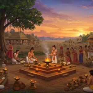 A grand panoramic scene of an ancient Indian settlement during sunset, featuring multiple layers of social activity. In the foreground, elaborately dressed Brahmin priests in white dhotis perform a complex yajna ritual around a geometrically perfect fire altar with golden flames reaching skyward. The fire altar is adorned with intricate Madhubani-style patterns in deep saffron and maroon. To the right, merchants in colorful period-accurate clothing trade goods in a marketplace with copper and iron tools. On the left, warriors in detailed armor practice with weapons while teachers and students sit under a sacred banyan tree studying ancient texts. The background shows planned settlements with distinctive architectural styles of the period, including thatched roofs and mud-brick structures. The sky features a ethereal blend of peacock blue and gold, with stylized Vedic symbols floating like constellations. Delicate mandala patterns frame the entire scene, with lotus motifs in the corners. The lighting is warm and mystical, with soft glowing halos around the sacred elements. The art style merges traditional Pattachitra techniques with modern digital precision, creating a harmonious blend of historical accuracy and spiritual atmosphere.