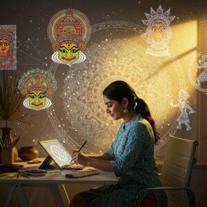A young Indian woman in a contemporary fusion outfit (pastel blue kurti with geometric patterns) sits at a sleek, modern desk with a digital tablet, creating traditional Madhubani art. Holographic projections of various Indian art forms float around her - a vibrant Kathakali mask, intricate henna patterns, detailed Tanjore painting, and Warli art figures. The scene is illuminated by warm, golden light streaming through a window. The background features a large, translucent mandala pattern that seamlessly blends traditional motifs with digital elements. Traditional art supplies like natural colors, brushes, and palm leaves are artistically arranged on one side of the desk, while modern digital art tools hover as ethereal projections on the other side. The color palette combines deep traditional Indian colors (maroon, saffron, peacock blue) with modern pastel tones. The artwork has a surreal, dreamy quality with glowing particles and flowing energy lines connecting the traditional and digital elements. The scene is rendered in a style that merges hyperrealistic digital art with traditional Indian miniature painting techniques. 8k resolution, highly detailed, cinematic lighting