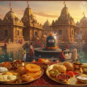 A majestic Shiva temple complex in traditional North Indian architecture style, illuminated by warm golden sunset light, with intricate Nagara-style spires and detailed stone carvings. In the foreground, a beautifully arranged traditional Indian thali with local delicacies - steaming jalebis, fresh samosas, and temple prasad on brass plates decorated with marigold flowers. The scene includes devotees in colorful traditional attire performing puja rituals, with smoke from holy incense creating mystical swirls in the air. Crystal-clear sacred water pool reflects the temple architecture, surrounded by ancient stone steps (ghats). Ethereal blue aura surrounds the main Shivling, adorned with milk, bilva leaves, and red flowers. The composition features detailed Madhubani-style borders with religious motifs, peacock blue and saffron color palette, with soft glowing diyas creating a warm atmosphere. Hyperrealistic digital art style with spiritual undertones, showing both architectural grandeur and intimate cultural details.