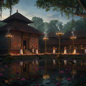 A majestic ancient Kerala-style temple complex with traditional copper-tiled roofs and intricate wooden carvings, set against a mystical twilight sky. The temple's reflection shimmers in a sacred pond filled with pink lotus flowers. Three towering brass deepasthambams (lamp posts) illuminate the foreground with warm, golden light. The temple walls showcase detailed Madhubani-style murals depicting the story of Theyyam dancers in vibrant reds and golds. Sacred banyan trees with hanging roots frame the scene, their branches adorned with glowing oil lamps. A group of devotees in traditional Kerala attire (white and gold mundu-kasavu) perform ritual circumambulation. Ethereal wisps of incense smoke create a dreamy atmosphere, while peacocks roam the temple courtyard. The scene combines hyperrealistic architectural details with surreal lighting effects, featuring a color palette of deep maroons, forest greens, burnished golds, and ivory. Intricate kolam patterns decorate the foreground, and the entire scene is bathed in a divine, supernatural glow that emphasizes the temple's spiritual significance. The style merges traditional Kerala temple architecture with modern digital art techniques, creating a cinematic and mystical atmosphere.