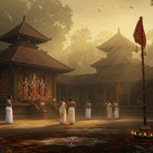 A majestic ancient Kerala-style temple complex with traditional copper-plated roof and intricate wooden carvings, set against a misty dawn sky with golden sunrays filtering through. The main shrine features the divine trinity of Durga, Vishnu, and Shiva in traditional Kerala temple architecture style. The temple courtyard shows devotees in traditional Kerala attire (men in white mundu, women in cream kasavu sarees) performing pradakshina. The scene includes sacred oil lamps (nilavilakku) with golden flames, and blooming red hibiscus flowers. The foreground features an elaborate kolam pattern made with white rice powder and marigold flowers. A tall wooden flagpost (dhwajasthambam) adorned with brass decorations stands prominently. The lighting creates a mystical atmosphere with warm golden hues mixing with morning mist. Art style combines traditional Kerala mural art patterns with modern digital aesthetics, emphasizing rich colors like deep maroon, forest green, and burnished gold. Ethereal rays of light illuminate the sacred space, creating a serene and spiritual ambiance.