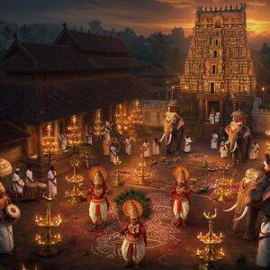 A majestic aerial view of Lokanarkavu Temple during Pooram festival, illuminated by hundreds of traditional brass oil lamps and modern spotlights casting a golden glow. The traditional Kerala-style architecture with sloped tiled roofs and wooden carvings is intricately detailed. In the foreground, a group of Theyyam performers in elaborate red, orange, and gold costumes and magnificent headgear perform their ritualistic dance. Sacred drummers playing chenda melam create dynamic energy. The temple courtyard features colorful kolam patterns made with flower petals. Multiple elephants adorned with golden nettipattam and colorful umbrellas stand majestically. The scene is enhanced with floating lotus flowers, peacock feathers, and swirling energy patterns in deep maroon and gold. Warm evening lighting creates dramatic shadows while maintaining the spiritual atmosphere. The background shows devotees in traditional Kerala attire carrying thalam with offerings. Art style combines hyperrealistic digital art with traditional Pattachitra patterns, featuring rich cultural motifs and a deep, vibrant color palette of gold, saffron, emerald green, and deep red. 4K, cinematic lighting, highly detailed, mystical atmosphere