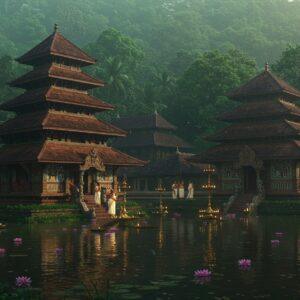 A majestic ancient Kerala temple complex with traditional Malabar architecture, featuring steep-tiered copper roofs with intricate wooden carvings, set against a misty emerald green backdrop of dense tropical forest. The temple's stone courtyard has ornate oil lamps casting a warm golden glow. A serene pond in the foreground reflects the temple structure, with pink lotus flowers dotting its surface. The scene is illuminated by both early morning sunlight and the warm glow of traditional brass lamps, creating a mystical atmosphere. In the middle ground, devotees in traditional Kerala attire (women in cream and gold kasavu sarees, men in white mundus) are seen walking through the temple premises. The architectural details showcase intricate Madhubani-style patterns merged with Kerala temple architecture, featuring elephants, peacocks, and traditional Kerala motifs in deep maroon, gold, and forest green colors. Soft morning mist partially shrouds the upper tiers of the temple, lending an ethereal quality. The composition is enhanced with floating oil lamps on the pond, their flames creating golden reflections on the water surface. Photorealistic digital art style with atmospheric lighting and rich textures, 8k resolution.