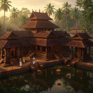 A majestic aerial view of Lokanarkavu Temple during golden sunset, with its traditional Kerala architecture featuring sloped terracotta-tiled roofs and intricate wooden carvings in rich brown tones. The temple compound is surrounded by lush green coconut palms and banyan trees. In the foreground, a serene lotus pond reflects the temple's image, with floating diyas creating golden sparkles on the water. The scene includes devotees in traditional Kerala attire (men in white mundus, women in cream and gold Kerala sarees) walking through the temple premises. Soft, ethereal light streams through the trees, creating a mystical atmosphere. The temple's famous wooden pillars are adorned with traditional Malayalam-style carvings and gold accents. In the background, modern guest houses and accommodation facilities blend seamlessly with the traditional architecture. The art style combines hyperrealistic digital rendering with elements of traditional Kerala mural art, featuring deep maroons, forest greens, and burnished gold colors. Small oil lamps illuminate the temple steps, creating a warm, inviting ambiance. The scene should convey both spiritual significance and tourist-friendly accessibility.