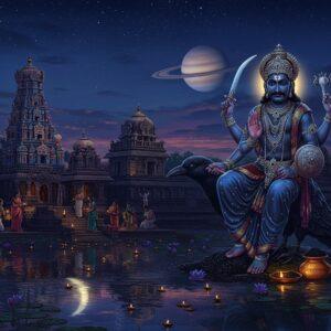 A majestic and ethereal nighttime scene of Lord Shani, depicted as a powerful deity with dark complexion, wearing deep blue-black silk robes adorned with silver stars, seated on a black crow throne. His four arms hold a sword, arrow, shield, and a lotus. Behind him rises a grand traditional South Indian temple architecture with intricate gopurams illuminated by oil lamps. The foreground features a mystical pond reflecting the waning crescent moon, surrounded by blooming blue lotus flowers. Saturn planet glows prominently in the deep indigo sky, casting a subtle bluish aura. Multiple small oil lamps float on the water, creating golden reflections. The scene incorporates Madhubani-style decorative patterns in the temple's architecture, while maintaining a modern digital art aesthetic. The atmosphere is serene yet powerful, with swirling cosmic energy patterns in deep purples and blues. Devotees in traditional Indian attire are seen offering black sesame and oil in golden vessels. The lighting is dramatic with moonlight and lamp light creating a mystical ambiance, highlighted by subtle golden accents in the temple's architecture.