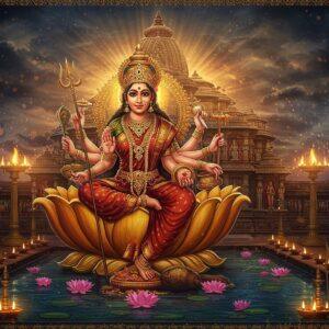 A majestic, four-armed Goddess Siddheshwari seated on a golden lotus throne, radiating divine light in shades of saffron and ethereal blue. Her upper right hand holds a trident, upper left hand holds a lotus, lower right hand in abhaya mudra, and lower left hand holds a sacred pot. She wears a rich crimson silk saree with intricate gold embroidery, adorned with traditional temple jewelry including a spectacular crown studded with gems. Behind her, a grand ancient stone temple with ornate Kalinga architecture rises, its spire touching mystical clouds. The temple walls feature detailed Madhubani-style carvings showing devotees and sacred symbols. The foreground shows a sacred water pool with floating lotus flowers and lit diyas. Ethereal rays of golden light pierce through the scene, creating a mystical atmosphere. The color palette combines deep maroons, royal blues, and burnished gold. The entire scene is rendered in a style merging traditional Indian art with modern digital aesthetics, featuring intricate patterns, mandalas, and spiritual motifs along the borders. Soft glowing orbs of light float around the goddess, suggesting divine presence.