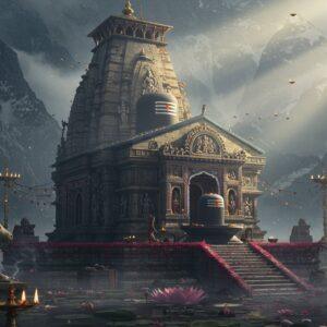 A majestic ancient Mahadev temple rising from misty Himalayan peaks, crafted in intricate Nagara architecture style with detailed stone carvings. The main shikhara towers 100 feet high, adorned with elaborate sculptures of deities and celestial beings. A massive black granite Shiva lingam sits at the center, surrounded by brass diya lamps with glowing golden flames. Morning sunrays filtering through the temple's ornate jali windows create divine light beams. The temple's reflection shimners in a sacred lotus-filled kund nearby. Ancient stone steps covered in crimson flowers lead up to the temple. Two mystical stone Nandi statues guard the entrance, their eyes seeming to glow. Wisps of fragrant incense smoke curl through the air. The scene combines photorealistic textures with ethereal lighting and surreal elements. Color palette features deep greys, earth tones, and touches of gold with a soft morning glow. Madhubani-style patterns and mandalas subtly integrated into architectural details. The atmosphere is serene yet powerful, with small floating oil lamps adding points of warm light. Hyperrealistic digital art style with atmospheric depth and dramatic lighting.