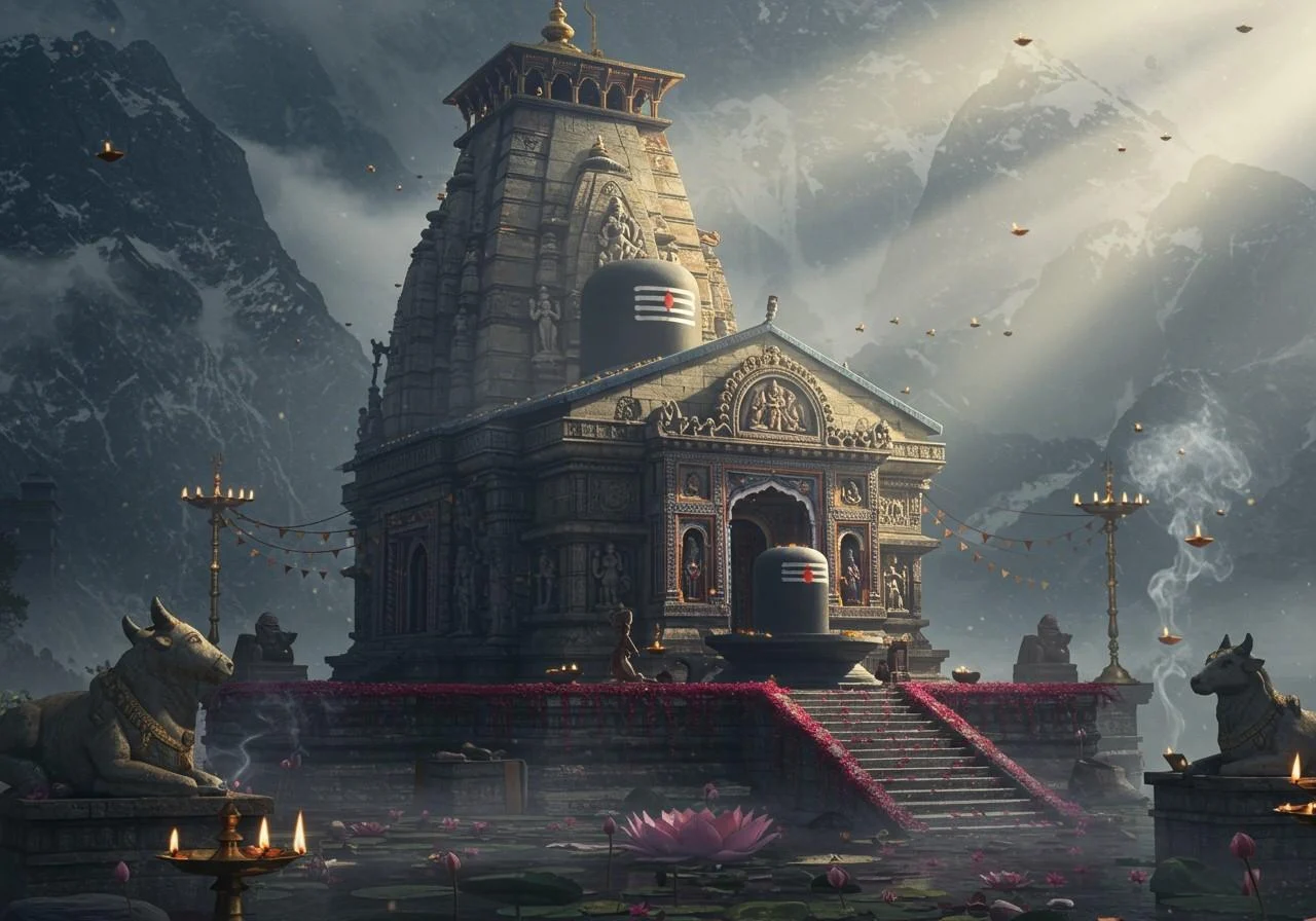 A serene view of a temple nestled in the Girnar Hills of Junagadh