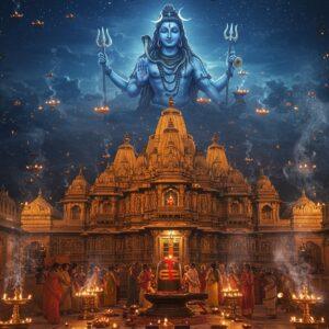 A majestic night scene of the Mahakaleshwar Temple complex illuminated by moonlight and countless floating diyas, with Lord Shiva as Mahakal in his cosmic form towering in the background - 8 arms holding trishul, damaru, serpent, crescent moon, rudraksha mala, kamandalu, axe, and abhaya mudra. His form is adorned with ash, serpents, and a tiger skin, emanating a deep blue aura. The temple architecture features intricate Malwa-style carved details with golden accents. The foreground shows devotees performing abhishek with sacred Shipra river water, surrounded by smoking incense and glowing oil lamps. Mystical smoke patterns form lingam shapes in the air. The scene combines photorealistic temple architecture with surreal spiritual elements, using a color palette of deep blues, blacks, and golds with accent lighting from flames. Ethereal particles and subtle mandalas float in the atmosphere. Style merges traditional Indian art with modern digital fantasy art, emphasizing divine grandeur and spiritual atmosphere. The composition draws the eye from the detailed temple base up to the cosmic form of Mahakal.