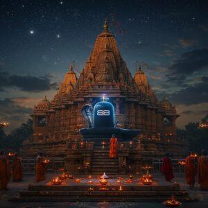 An ethereal night scene of the majestic Mahakaleshwar Temple in Ujjain, with its ornate shikhara illuminated by moonlight and floating diyas. The central focus is a hyperrealistic black granite Shiva lingam emanating a mysterious blue aura, surrounded by intricate brass serpents. In the foreground, detailed stone steps lead to the temple, decorated with traditional rangoli patterns and scattered marigold flowers. The scene includes devotees in traditional Indian attire carrying pooja thalis with glowing diyas. The background sky features the cosmic dance of stars forming subtle Tantric patterns, while wisps of sacred incense smoke create mystical swirls. The architecture combines ancient temple craftsmanship with dramatic lighting, highlighting the gold-plated spires and detailed stone carvings. The color palette emphasizes deep blues, blacks, and golds, with accents of saffron and vermillion. The style merges photorealistic temple architecture with subtle magical elements, creating a serene yet powerful atmosphere, rendered in high-detail digital art with elements of traditional Madhubani patterns in the decorative details.