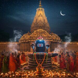 A majestic night scene of the Mahakaleshwar Temple illuminated by countless earthen diyas, with Lord Shiva's iconic lingam in the center emanating a divine blue aura. The lingam is adorned with sacred bilva leaves, flowers, and a silver snake coiled around it. Multiple streams of holy water flow down the lingam, reflecting the temple lights. In the foreground, devotees in traditional Indian attire perform abhishek ritual with milk and water, their faces lit by the warm glow of brass arti lamps. The temple architecture features intricate Malwa-style carved details with touches of gold. Smoke from incense creates mystical swirls in the air, backlit by moonlight. The scene is rich with deep blues, blacks, and golds, with hints of saffron from the flowers. The temple spire reaches into a star-filled sky where the crescent moon sits prominently. Traditional Madhubani-style patterns frame the corners of the scene, featuring tridents and damarus. The overall atmosphere is ethereal and spiritually charged, with a photorealistic digital art style merged with traditional Indian art elements.