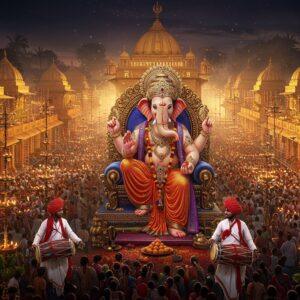 A majestic Indian street scene during Ganesh Chaturthi, featuring an ornate Kasba Ganapati pandal with intricate Peshwa-era architecture in gold and saffron. The 15-feet tall Ganapati idol sits regally on a golden throne, adorned with traditional Maharashtrian jewelry and a rich maroon dhoti. The deity has four arms - holding modak, axe, lotus, and his broken tusk. The background showcases illuminated streets with hundreds of glowing diyas and string lights creating a magical ambiance. Traditional dhol-tasha performers in crisp white kurtas and red turbans perform in the foreground. Crowds of devotees in colorful traditional attire offer prayers. The scene includes detailed elements like banana leaves, marigold garlands, and red powder (sindoor). The art style combines hyperrealistic digital rendering with traditional Pattachitra patterns in the architectural details. Aerial perspective showing multiple pandals in distance, connected by streams of golden lights. The overall atmosphere is festive, spiritual, and grandly celebratory with a warm golden glow permeating the scene.