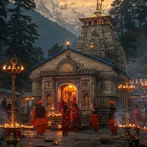 A majestic ancient stone temple nestled in the Himalayan mountains, surrounded by towering deodars and snow-capped peaks, captured during golden hour. The temple's intricate Nagara architecture style features ornate carvings and a soaring shikhara adorned with traditional Pahadi motifs. A mystical glow emanates from within the temple, casting warm golden light through its doorway. Several devotees in traditional Himachali attire perform a ceremonial parikrama around the temple. Floating brass diyas illuminate the temple courtyard, creating a magical ambiance. In the foreground, sacred bells and intricate brass lamps hang from chains, with smoke from burning incense creating ethereal swirls. The scene combines elements of Pahadi temple architecture with surreal lighting effects, rendered in a style merging traditional Indian art with modern digital aesthetics. Deep maroons, saffron, and gold dominate the color palette, with accents of celestial blue in the mountain sky. Artistic elements include mandala patterns in the temple's stonework and mystical symbols etched into the ancient walls, all captured in a cinematic wide-angle composition.