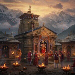 A majestic ancient Himalayan temple complex nestled amidst snow-capped peaks, featuring traditional Pahari architecture with ornate wooden carvings and sloping slate roofs. The central deity Mahasu Devta stands tall, depicted as a regal figure adorned in rich brocade garments and gold ornaments, holding a silver scepter. Surrounding the temple are four smaller shrines with glowing diyas. The scene captures a mystical twilight moment with ethereal golden light filtering through clouds, illuminating the temple's brass bells and prayer flags. In the foreground, local devotees in traditional Himachali attire perform ritual dances, while sacred fires burn in ornate brass vessels. The composition includes intricate Mandala patterns in the sky, merging with swirling mountain mists. The color palette features deep maroons, metallic golds, earth tones, and cool mountain blues. Artistic style combines photorealistic architectural details with ethereal, mystical elements inspired by Pahari miniature paintings. The atmosphere suggests divine presence with subtle light rays and floating flower petals.