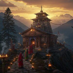 A majestic ancient Himalayan temple with traditional Pahari architecture perched on a mountain peak at sunset, surrounded by towering deodars and snow-capped mountains. The temple features intricate wooden carvings and a distinctive pagoda-style roof with golden bells. In the foreground, a stone pathway lined with traditional brass lamps leads to the temple, where devotees in traditional Himachali attire (women in colorful pattus and men in traditional caps) are climbing the steps. Soft golden light illuminates the scene, creating a mystical atmosphere with wispy clouds surrounding the temple spire. Prayer flags flutter in the mountain breeze, while traces of incense smoke create ethereal patterns in the air. The scene combines Pahari miniature painting style with modern digital art techniques, featuring rich colors like deep maroon, gold, and mountain blues. The temple's wooden architecture shows detailed craftsmanship with traditional motifs and symbols of Mahasu Devta, including his symbolic sword and trident. Hyperrealistic rendering with magical realism elements, dramatic lighting, volumetric god rays piercing through clouds, cinematic composition, ultra-detailed, atmospheric perspective.
