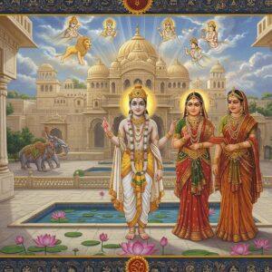 A serene, luminous scene depicting young Prince Vardhamana (Mahavira) in a royal courtyard of ancient Kundagrama palace, wearing pristine white silk robes with intricate golden threadwork. He stands tall with a divine aura, surrounded by symbolic lotus flowers and peaceful water bodies. The background showcases his royal heritage through detailed Madhubani-style architecture with golden spires and marble pillars. His parents, King Siddhartha and Queen Trishala, are portrayed in regal attire with traditional Indian royal ornaments, standing proudly beside him. The scene includes the 14 auspicious dreams of Queen Trishala floating ethereally in the sky like celestial visions - including the lion, elephant, and full moon - rendered in a combination of traditional Pattachitra and modern digital art style. The lighting is soft and mystical, with golden rays emerging from behind the palace, creating a divine atmosphere. The color palette focuses on royal blues, golds, and pristine whites, with subtle touches of saffron and emerald green. Intricate Jain symbols and patterns adorn the borders of the scene in a modernized mandala style.