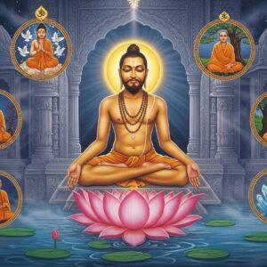 A serene portrait of Lord Mahavira in lotus position, floating above a sacred lotus emerging from tranquil waters, his form radiating a soft golden aura. His expression peaceful, eyes half-closed in meditation, wearing simple white dhoti. The background features an intricate Jain temple architecture with detailed geometric patterns and the sacred Jain symbol 'Ahimsa hand' delicately rendered in gold. Around him, five smaller vignettes showing key principles - white doves representing non-violence, a monk practicing austerity, meditation under a tree, truthfulness symbolized by clear crystals, and charitable acts. Ethereal light streams through temple windows, creating divine rays. The color palette combines deep blues, pure whites, and metallic golds. The art style merges traditional Jain manuscript paintings with modern digital art techniques, featuring intricate line work and sophisticated lighting effects. The scene is framed by stylized lotus motifs and sacred Jain symbols floating in a misty background, all rendered in a harmonious blend of realistic and spiritual aesthetic.